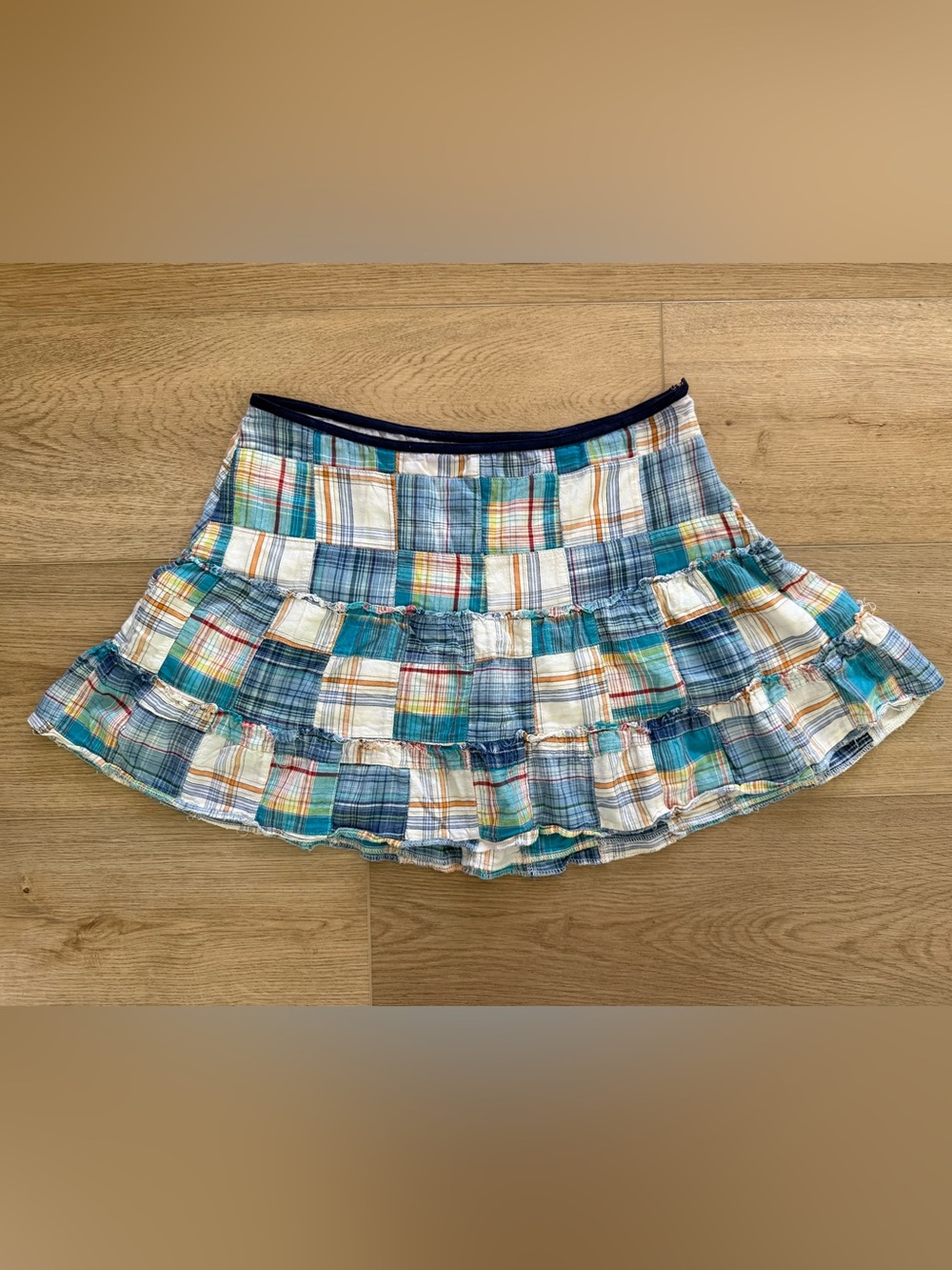 Anchor Blue Vintage Madras Plaid Patchwork Tiered Mini Skirt Large Multicolor